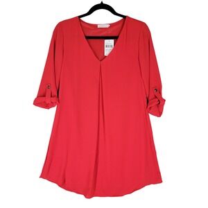 Lush V-Neck Roll Tab Sleeve Tunic Blouse Women XS Poinsettia Red NEW DR93349-001